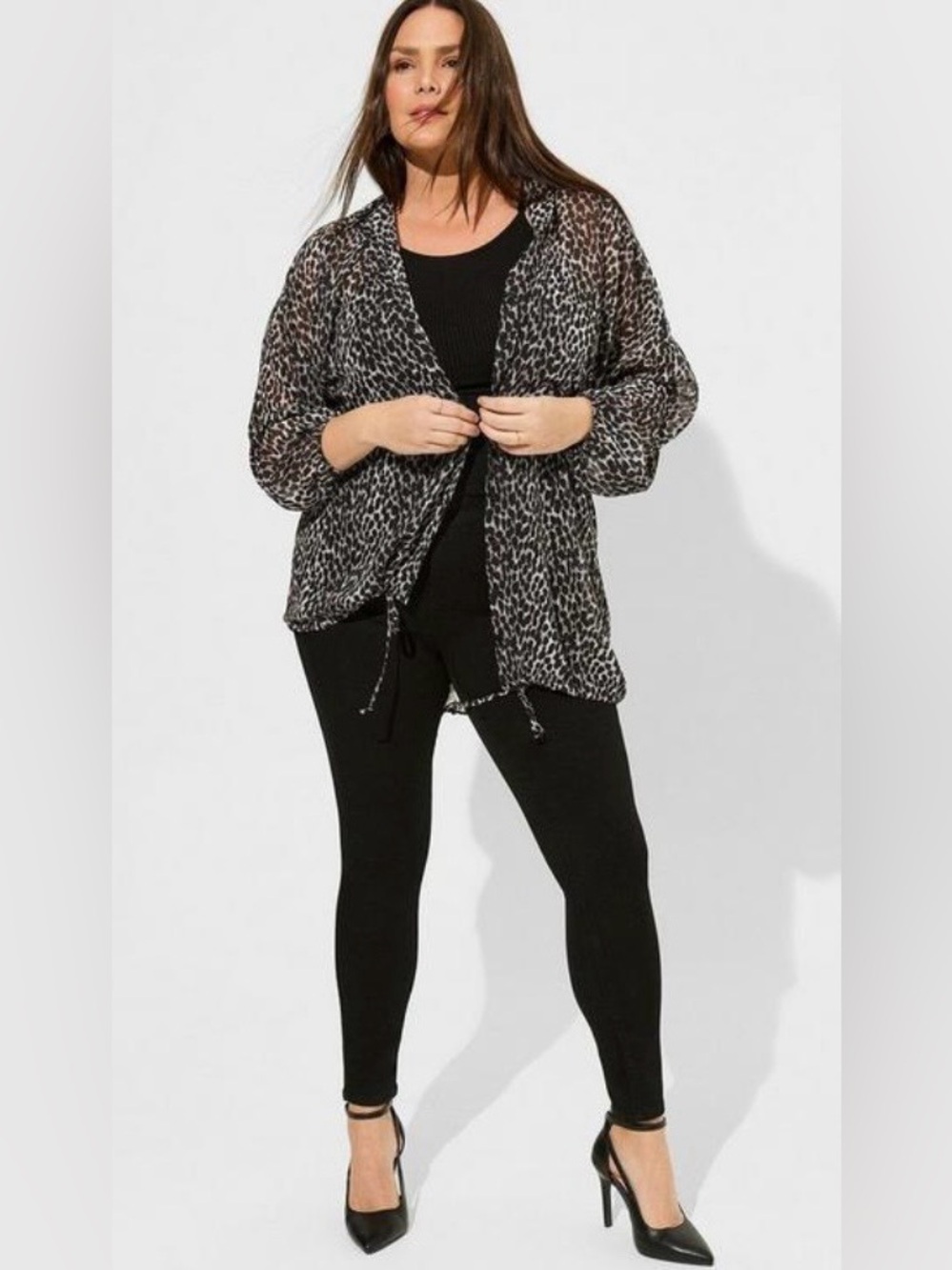 Torrid Black & Gray Leopard Sheer Hi Low Kimono Shirt with Drawstring - 1X - NWT